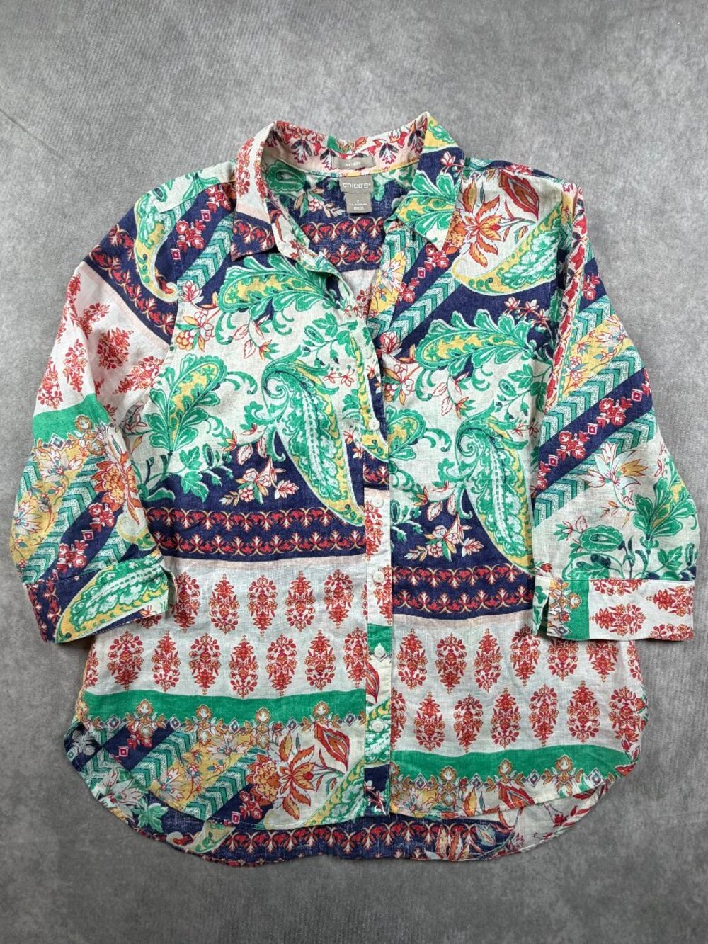 Chicos Womens Size 2 Linen Shirt White Paisley Floral 3 4 Sleeve No Iron